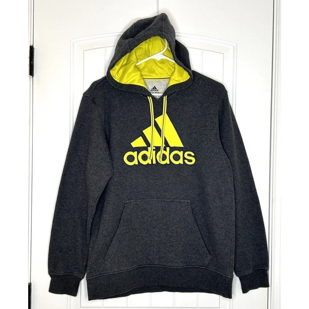 Adidas Hoodie Men's Size Large Pullover Logo Gray Neon Sweatshirt